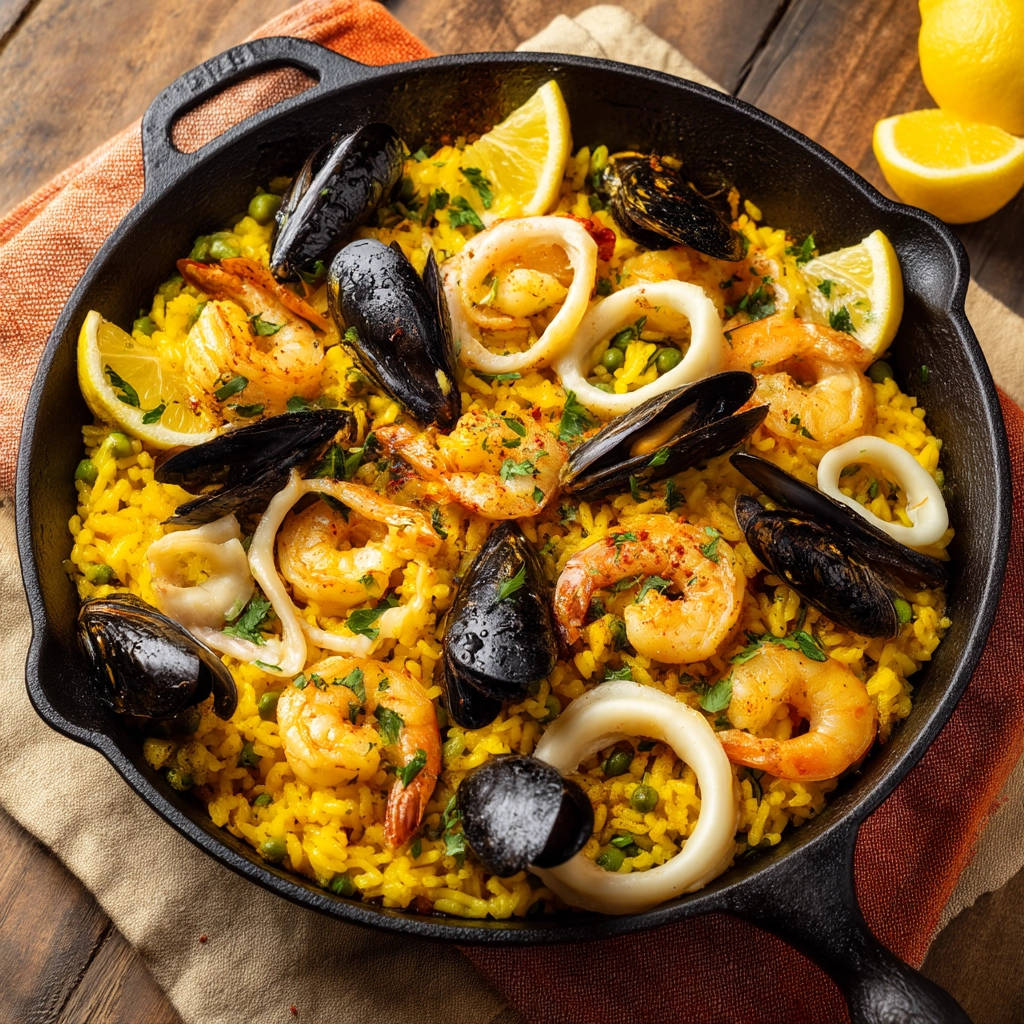 Seafood rice paella-style shown in a cast iron pan with mussels, shrimp, calamari, and lemon wedges.