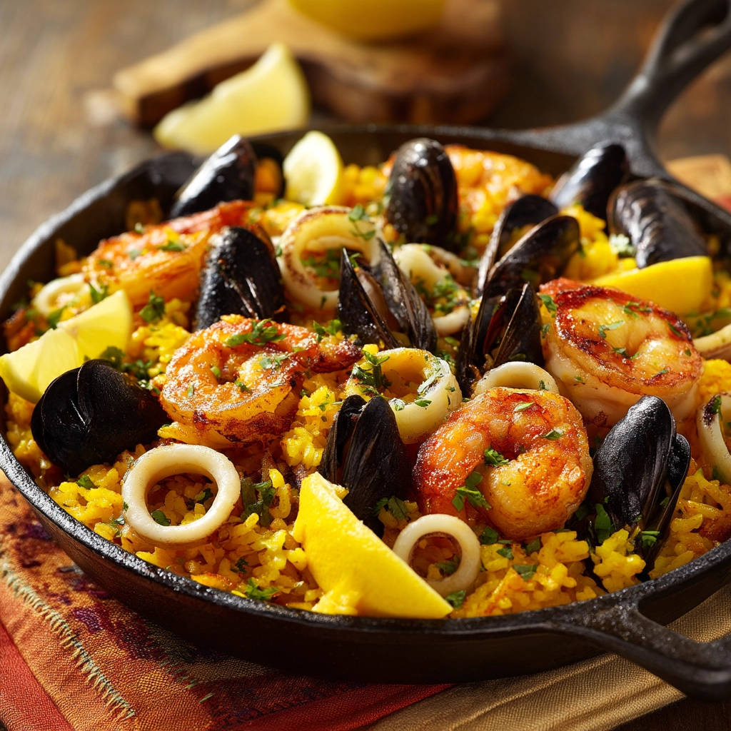 Seafood rice perfection paella-style served in a rustic cast iron skillet with mussels, shrimp, and squid.