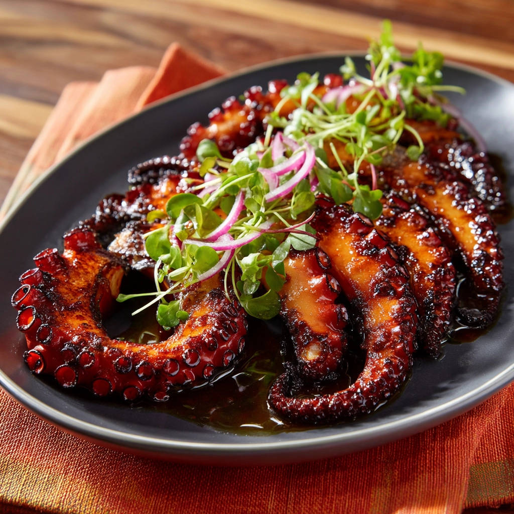 Seared octopus tentacles glazed in sauce, garnished with microgreens and thinly sliced red onion.