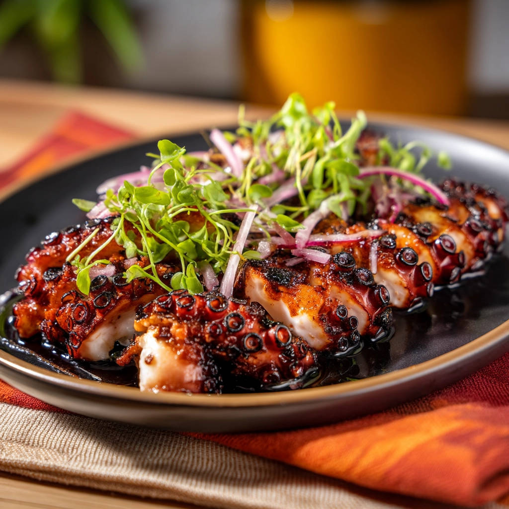 Seared octopus sliced and plated with microgreens and red onion, showing a close-up view of the texture.