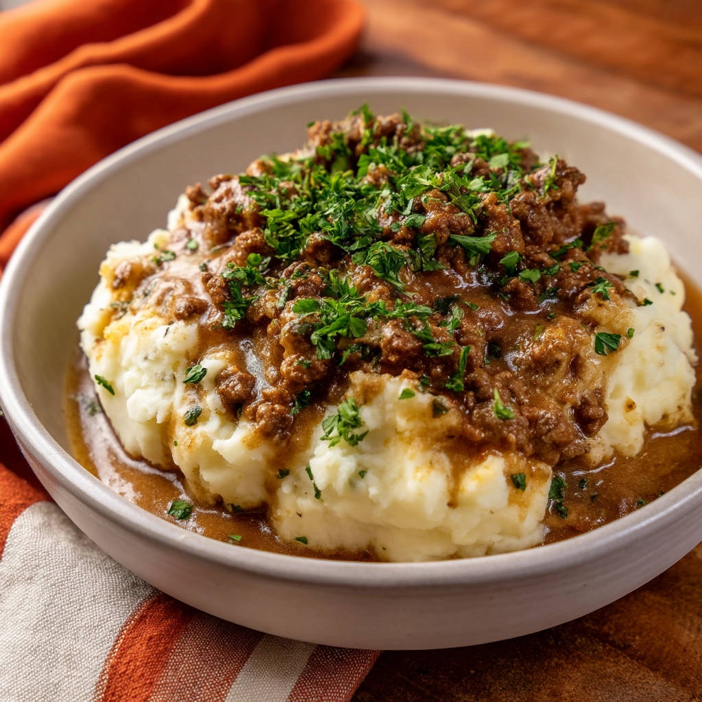 Shepherd pie deconstructed featuring a close-up view of creamy mashed potatoes topped with savory ground meat and fresh parsley.