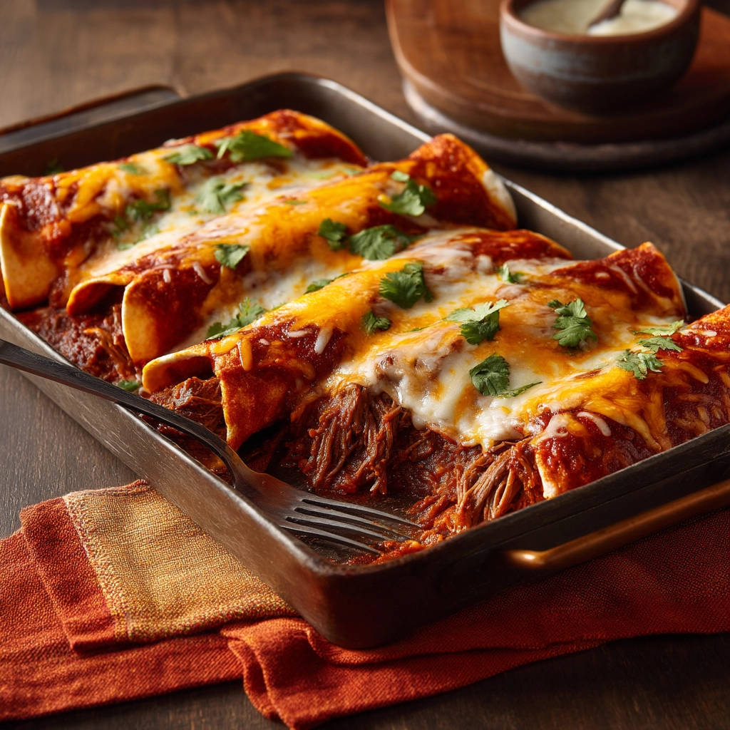 Shredded beef enchiladas covered in sauce and cheese, shown up close in a baking pan with a fork.
