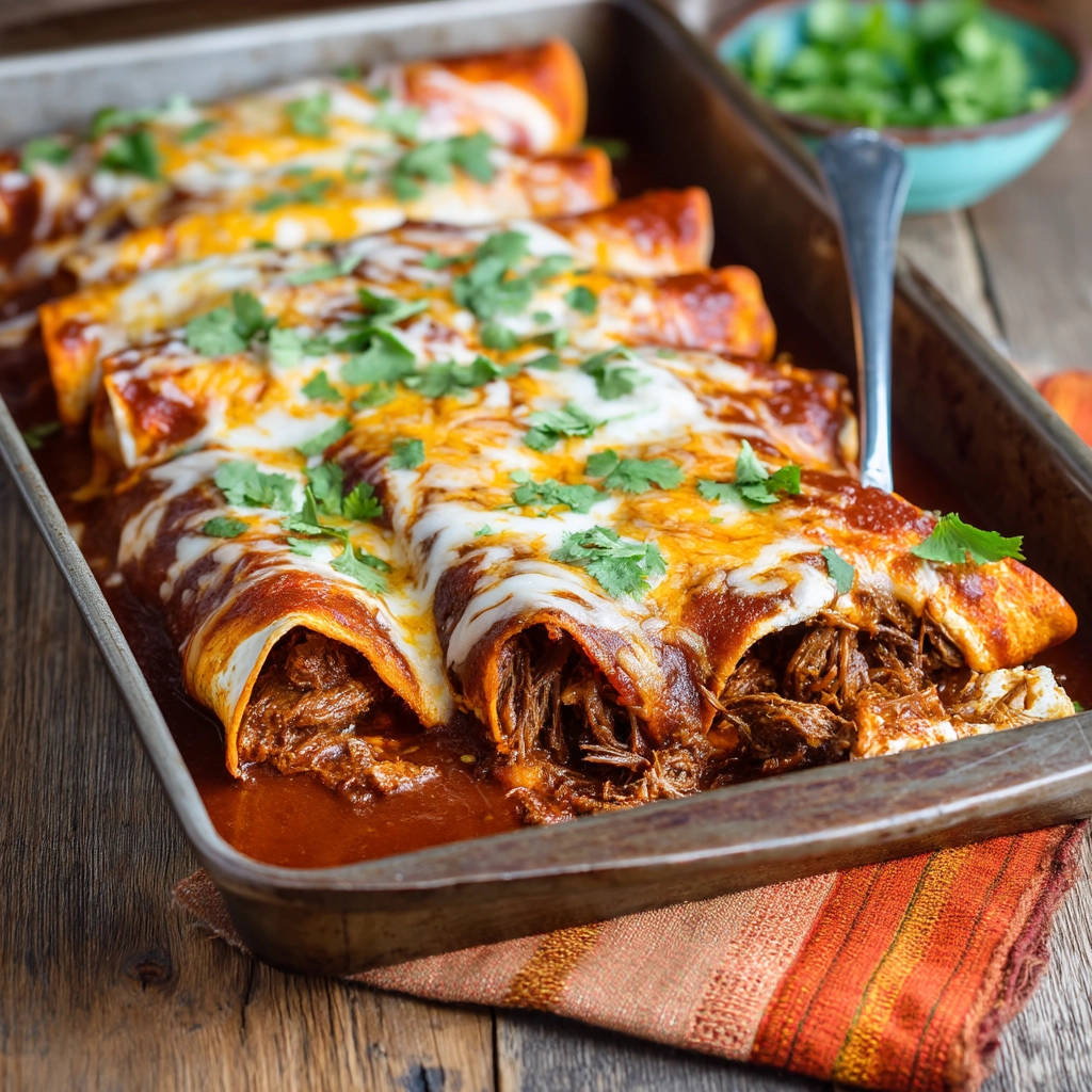 Shredded beef enchiladas with melted cheese and cilantro, showing a close-up view of the meaty interior.