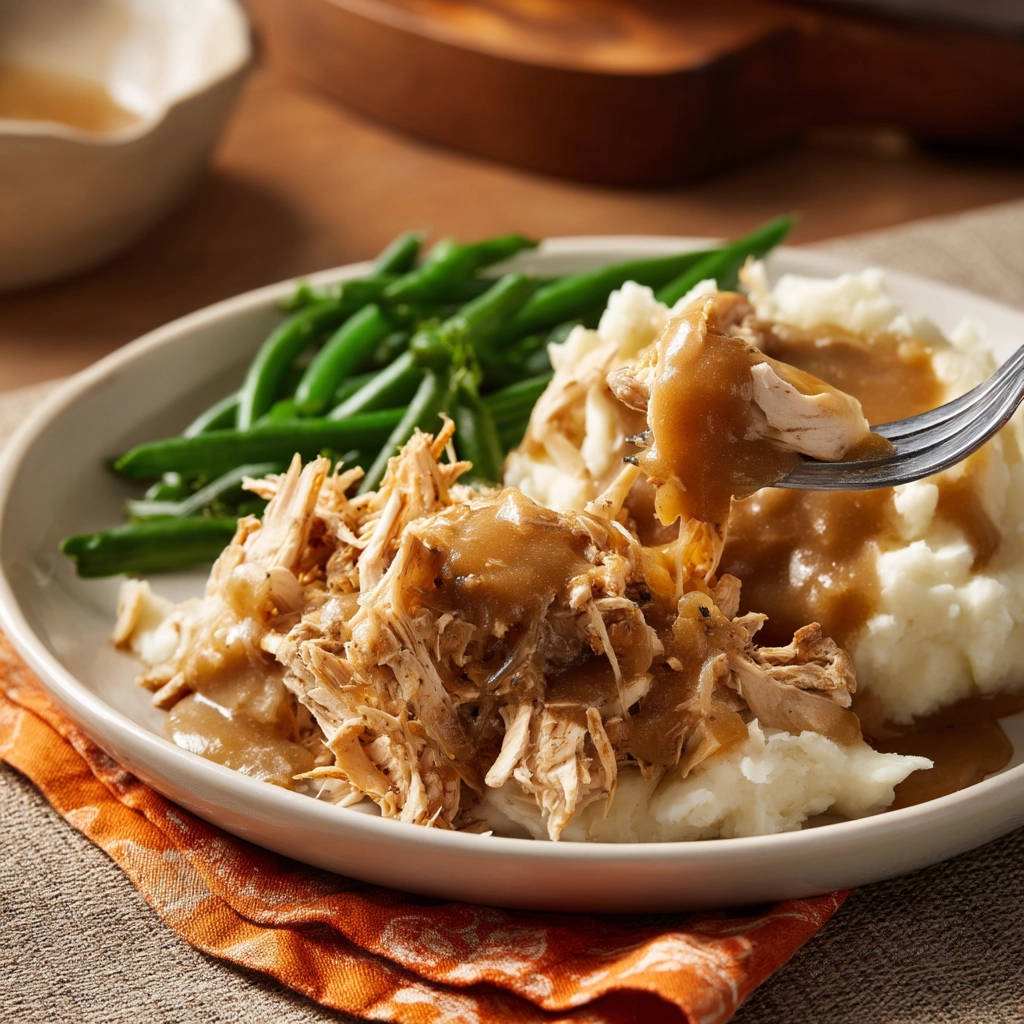 Ultimate Shredded Chicken & Gravy served on mashed potatoes with green beans, with a fork lifting a bite.