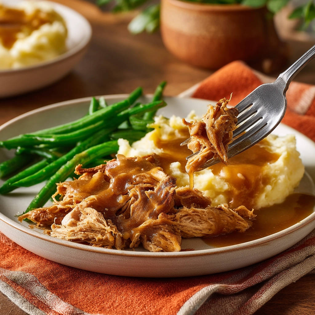 Ultimate Shredded Chicken & Gravy served on mashed potatoes with green beans, with a forkful lifted.