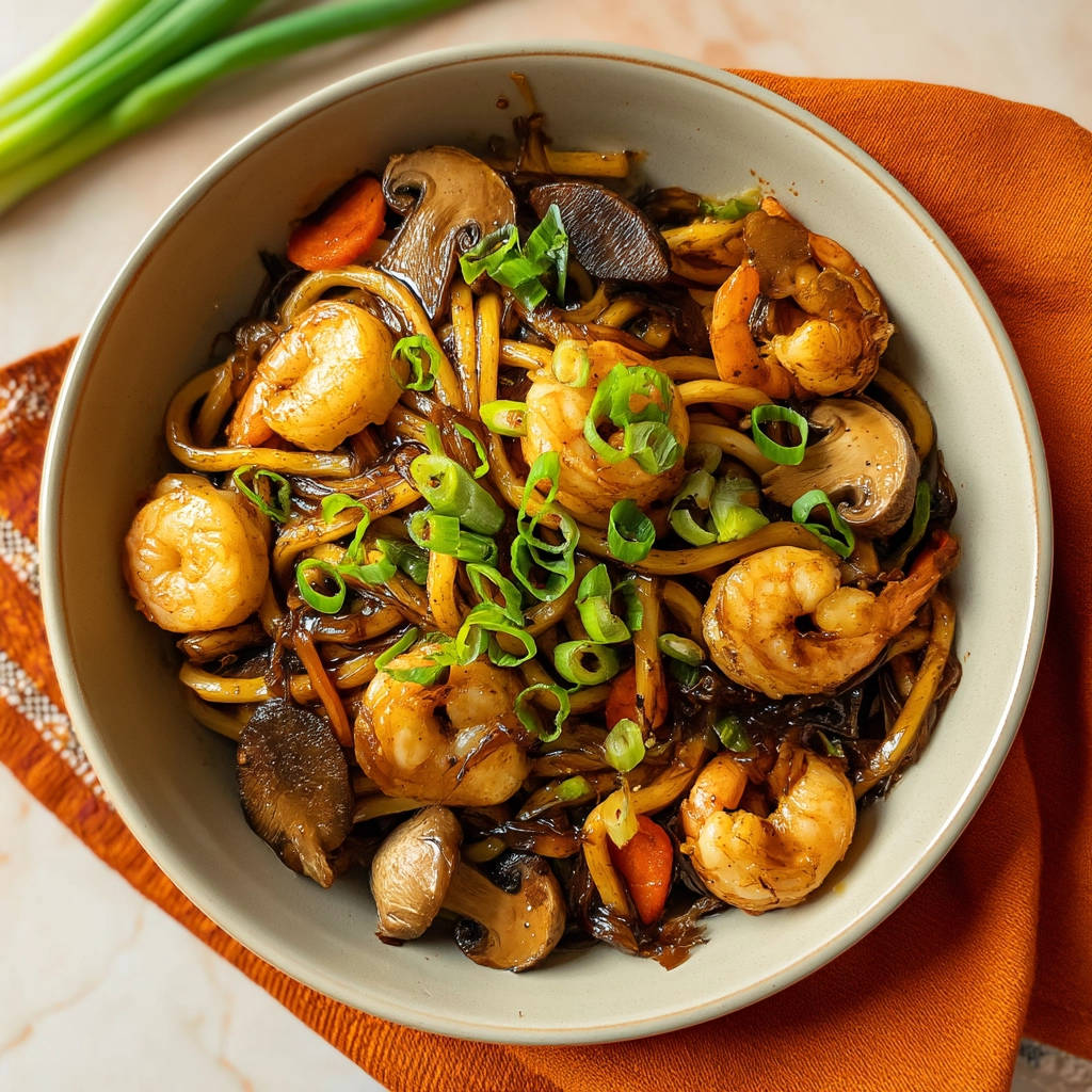 Shrimp and mushroom udon noodles served in a bowl, garnished with fresh green onions, in an overhead view.