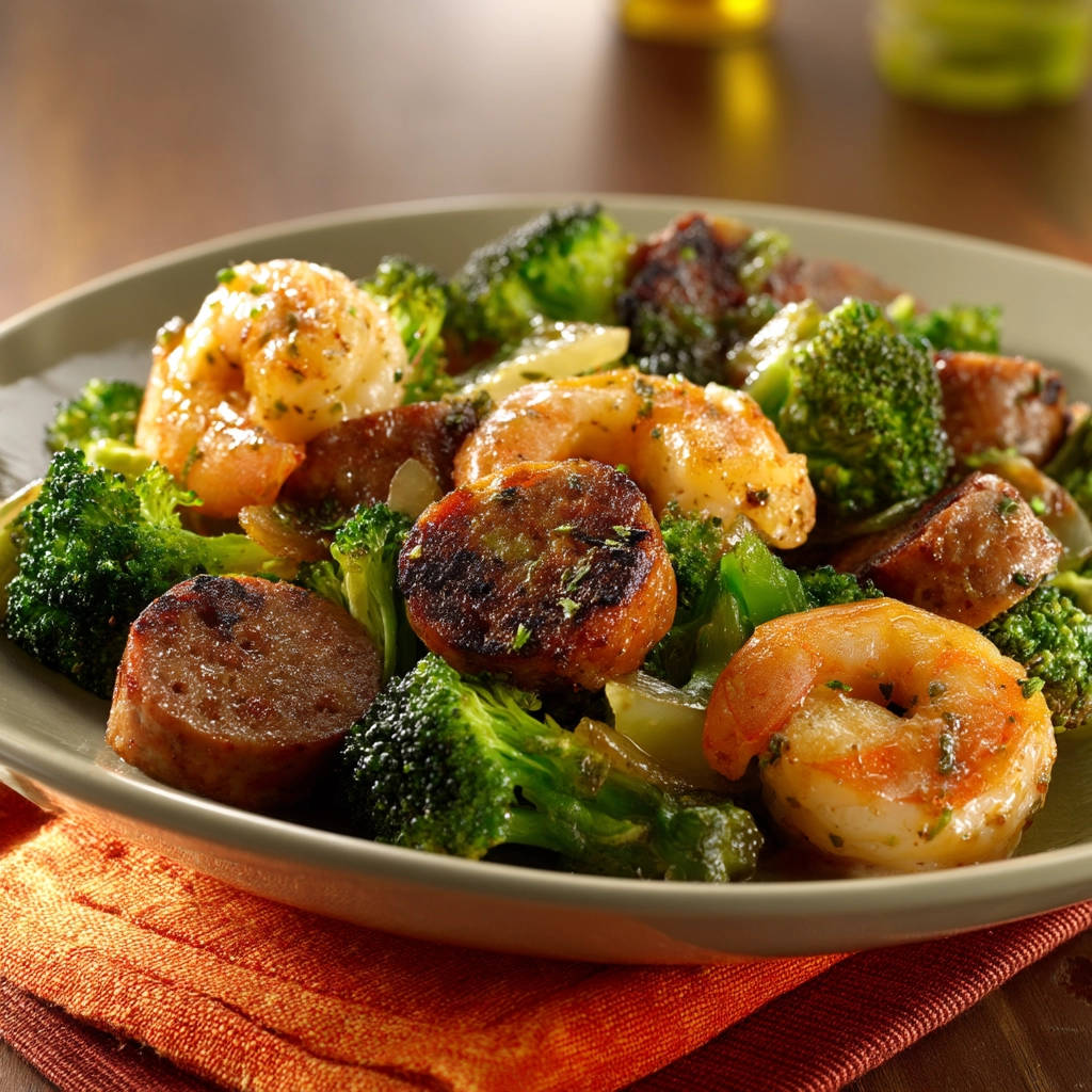 Shrimp and sausage skillet with broccoli, presented in a close-up view on a plate with an orange napkin.