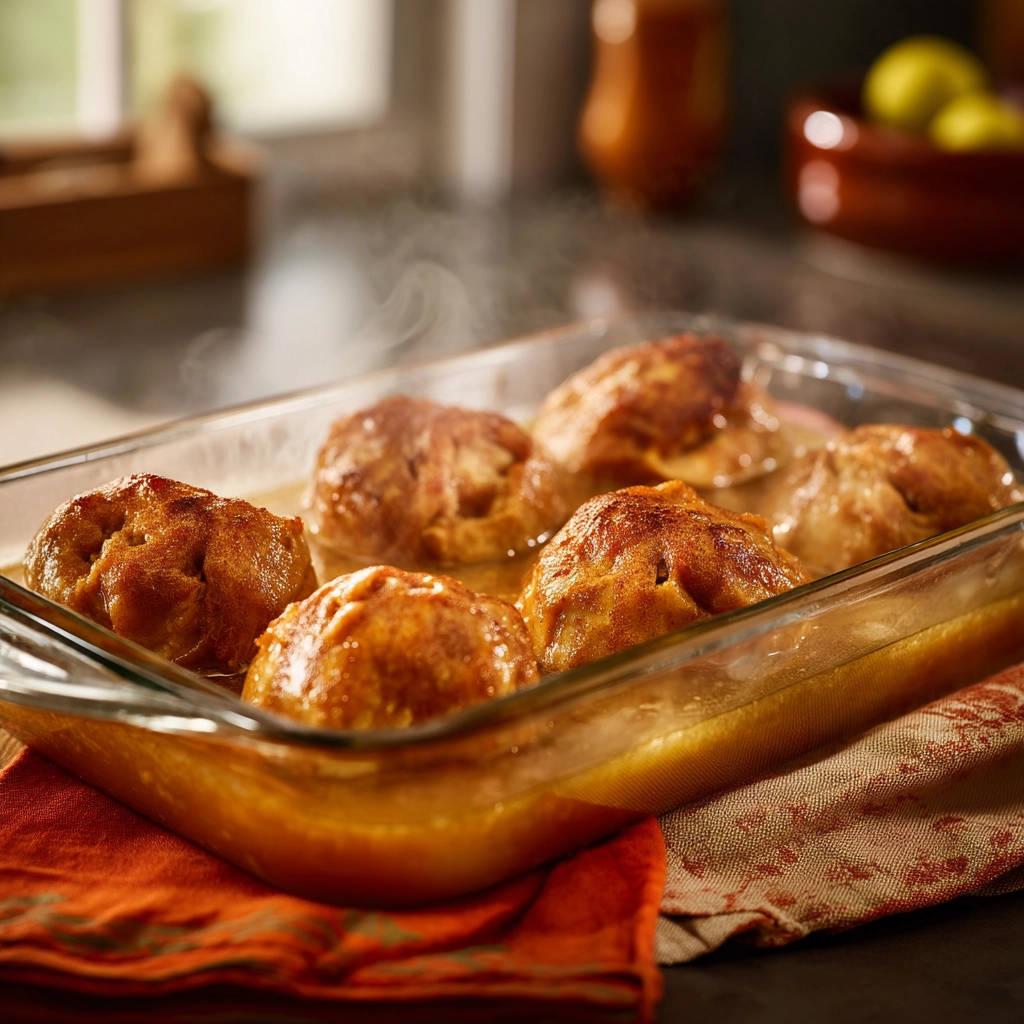 Simple baked apples steaming in a glass baking dish, showing their tender, golden-brown tops.