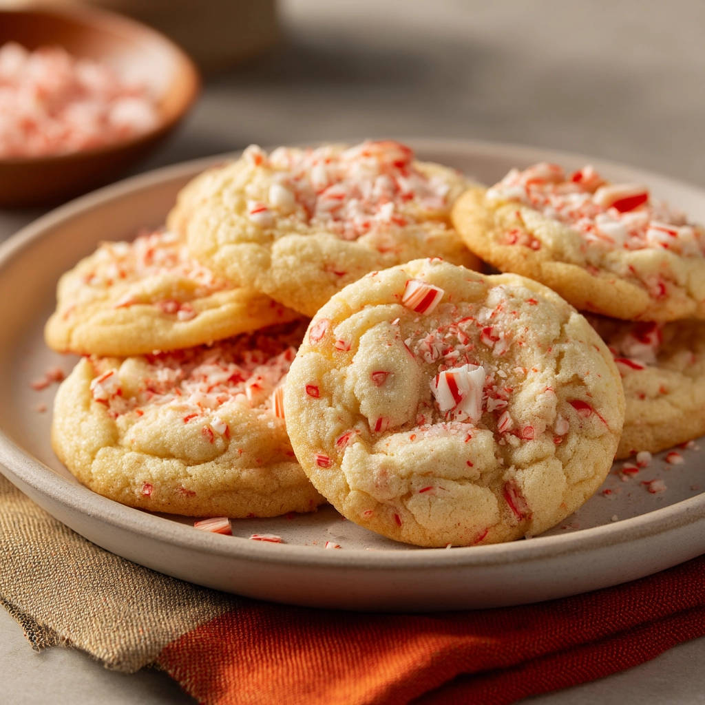 Simple peppermint cookies topped with crushed candy canes and served on a plate.