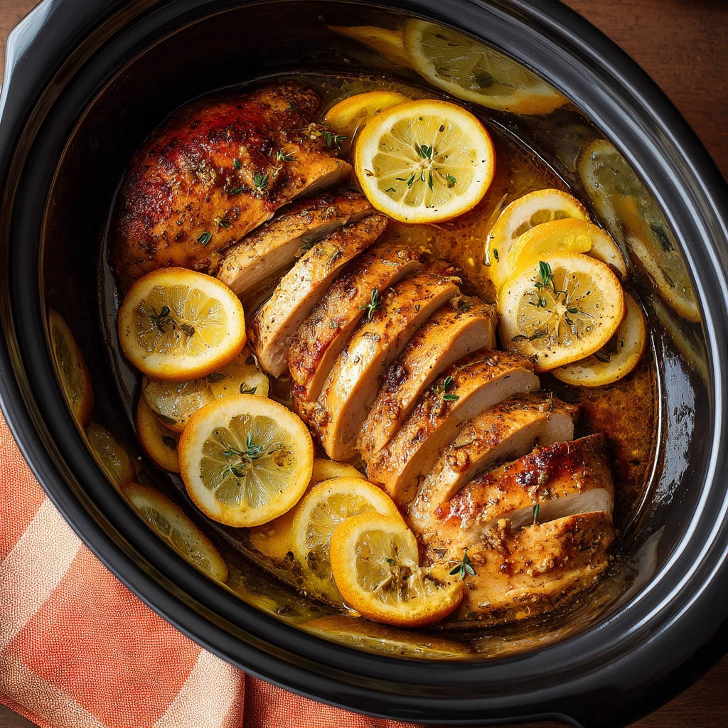 Slow cooker lemon chicken shown overhead, sliced and arranged with lemon slices in a black crockpot.