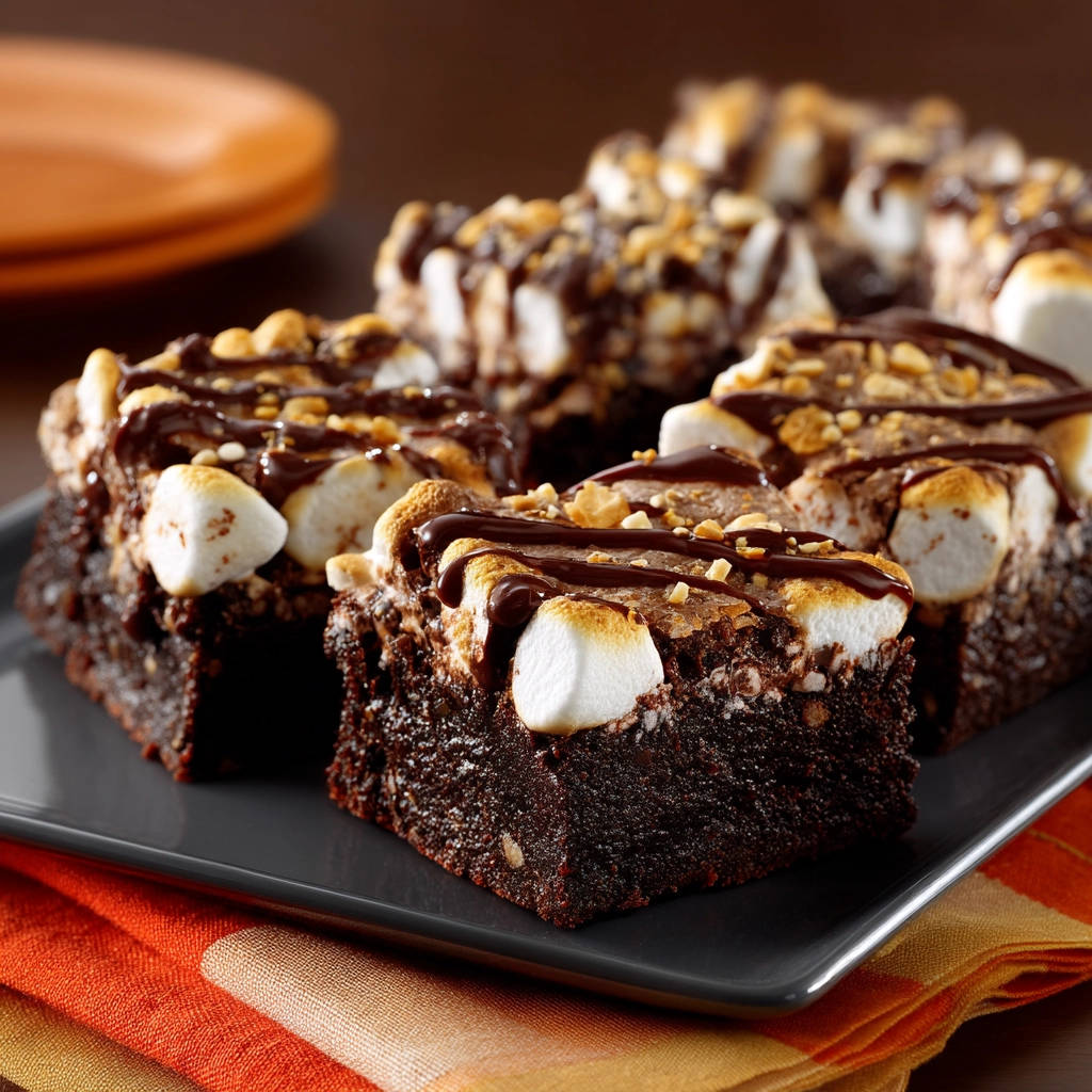 S'mores brownie squares featuring toasted marshmallows and a chocolate drizzle, presented on a dark plate.