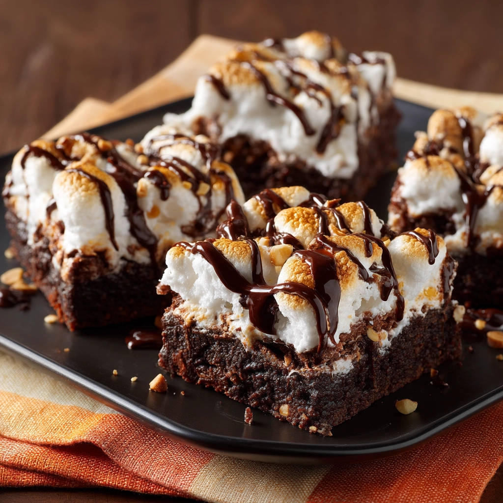 S'mores brownie squares topped with toasted marshmallow and drizzled with chocolate sauce, presented on a black plate.