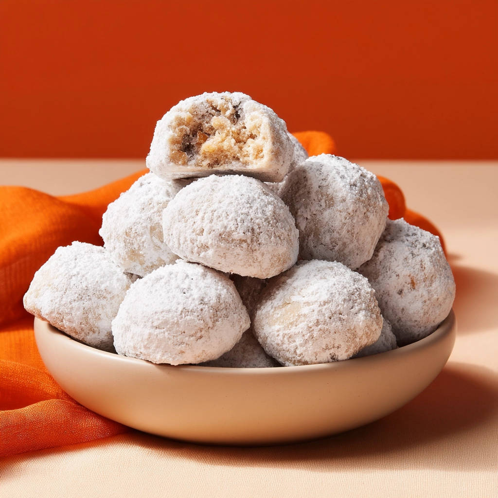 Melt-in-your-mouth snowball cookies with a detailed cross-section revealing their crumbly interior.