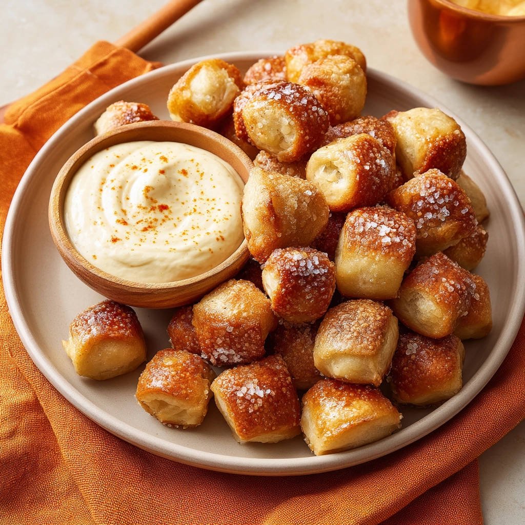 Soft pretzel bites with a creamy dip, shown from an overhead perspective on a plate.