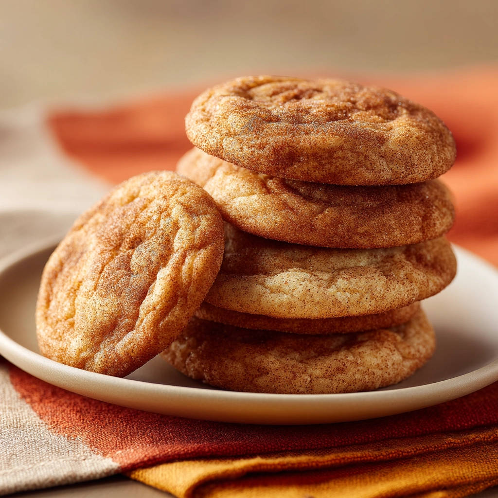 Soft snickerdoodles stacked on a plate, coated in cinnamon sugar, with one cookie to the side.