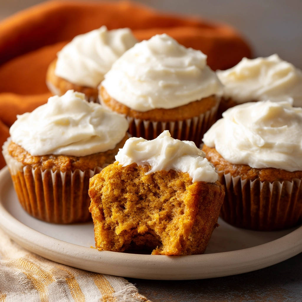 Spiced pumpkin cupcakes, with a bite taken out to reveal the fluffy interior and topped with white frosting.