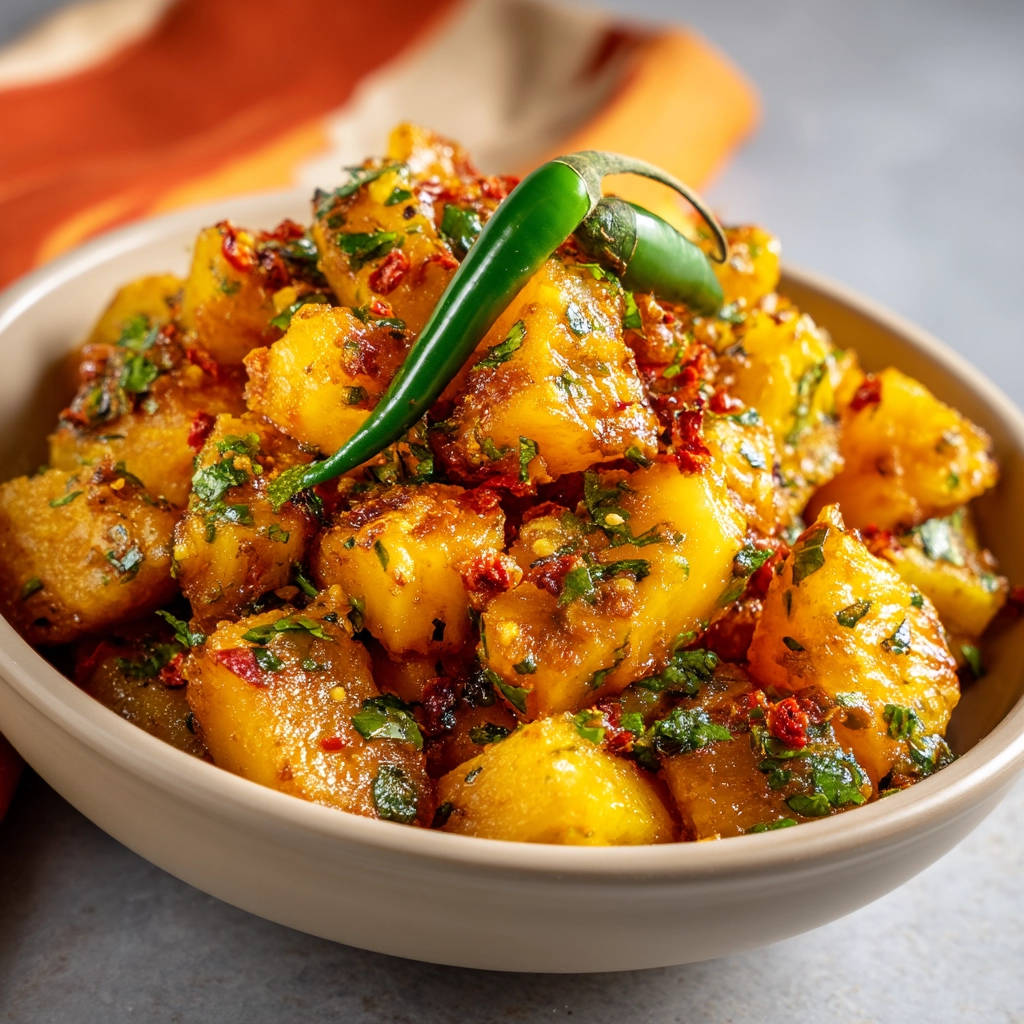 Spicy garlic potatoes with a fresh green chili pepper and parsley garnish in a bowl.