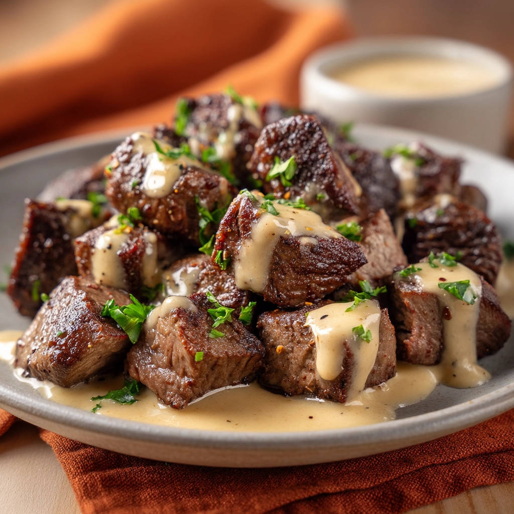 Steak bites with creamy sauce drizzled over them, garnished with parsley, in a close-up view.