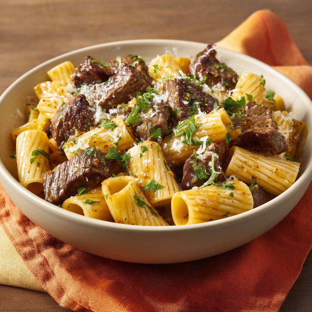 Steak Bites Rigatoni featuring tender beef and pasta in a rich sauce, close-up view with grated cheese and parsley garnish.