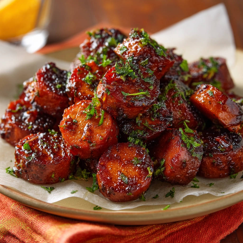 Sticky glazed sausage bites appetizer, glistening with a rich sauce and sprinkled with fresh green parsley garnish.