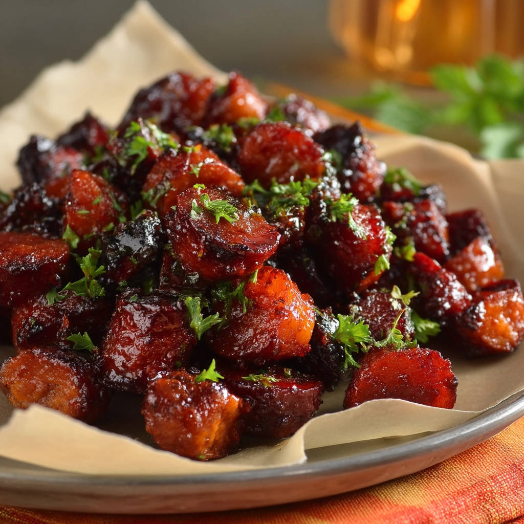 Sticky glazed sausage bites glistening with a rich sauce, garnished with fresh parsley.