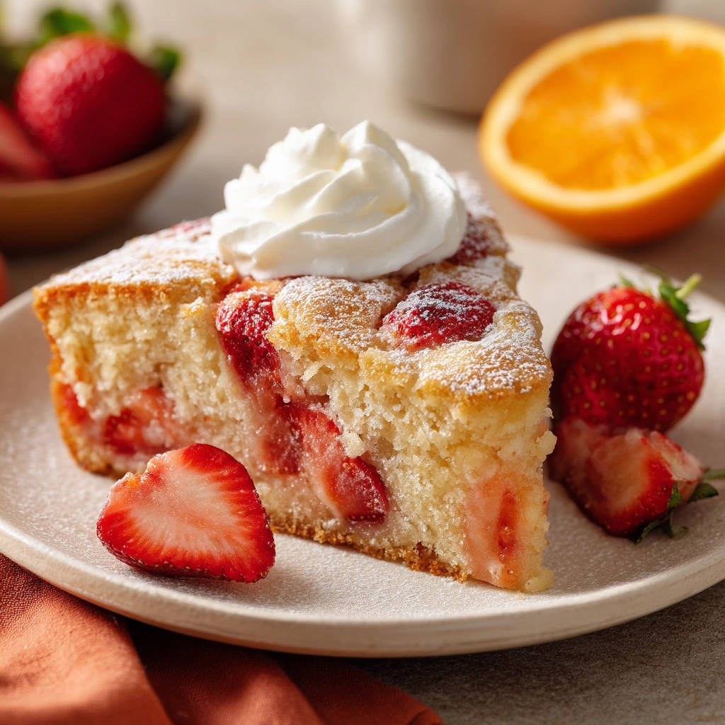 Strawberry cake cross-section with whipped cream topping and fresh berries, showcasing the berry distribution.