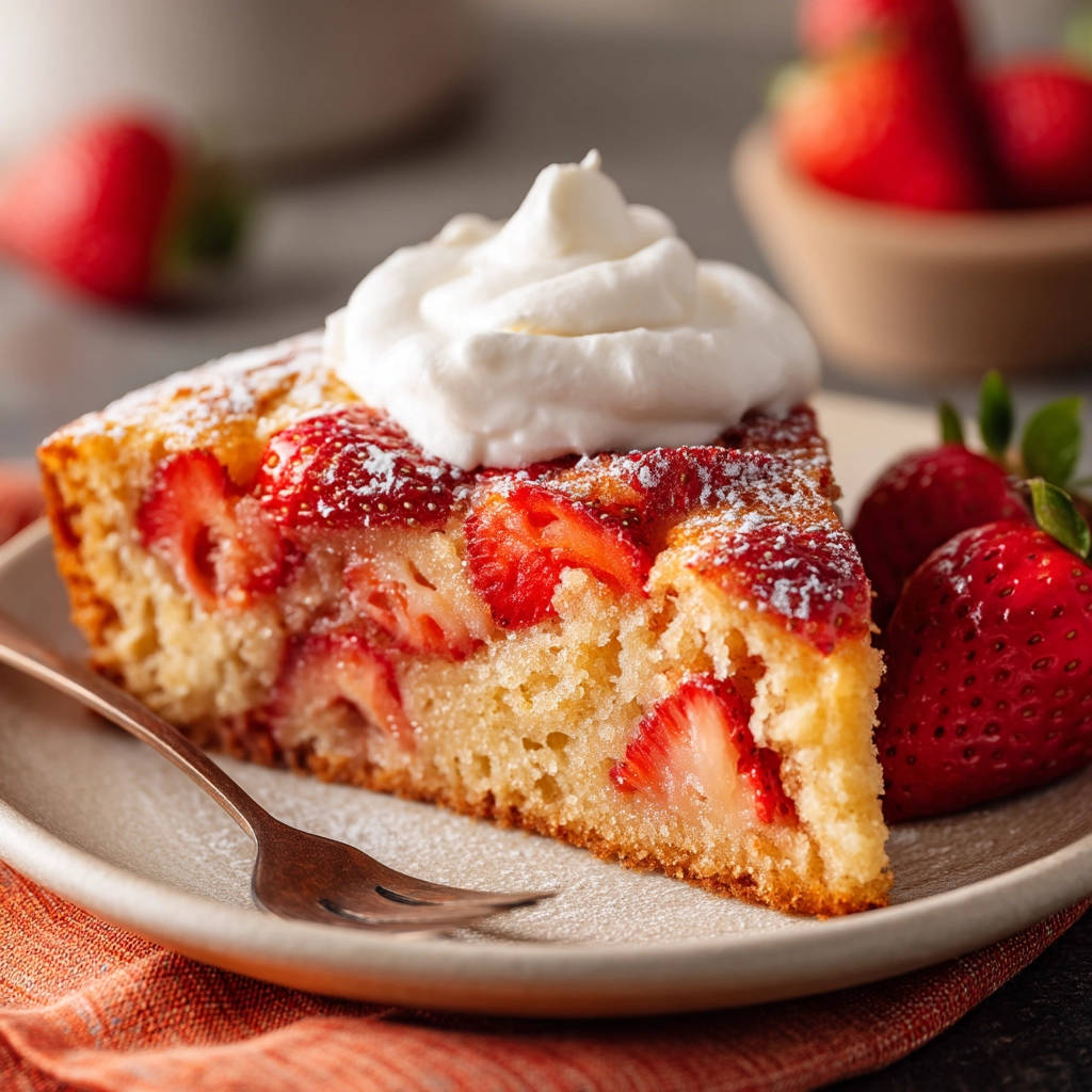 Strawberry cake slice with whipped cream and fresh strawberries on a plate, showcasing the moist crumb and berry distribution.