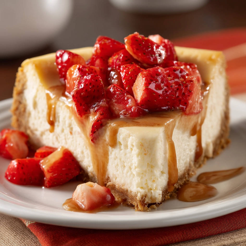 Strawberry caramel cheesecake plated slice with fresh strawberries and caramel drizzle, showing a close-up of the creamy interior and crust.