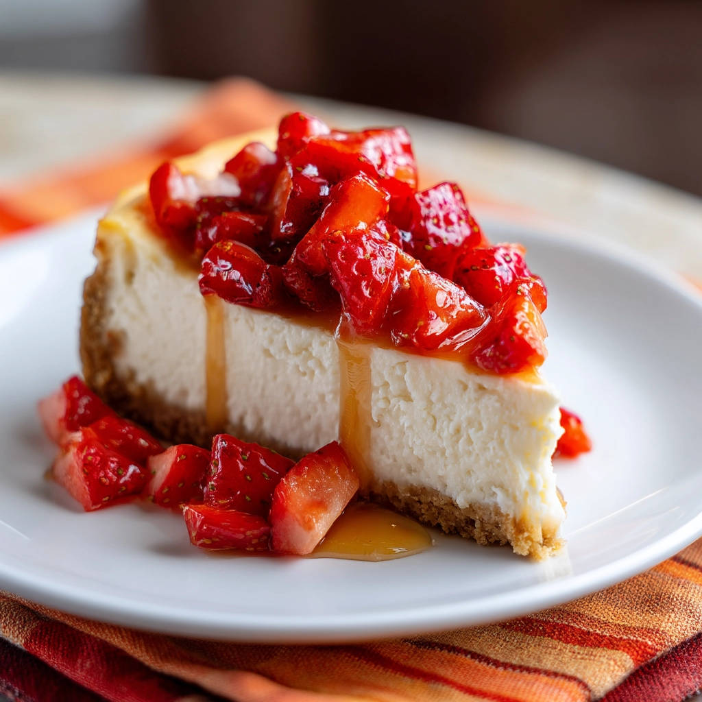 Strawberry caramel cheesecake served as a plated slice, topped with fresh strawberries and caramel drizzle.