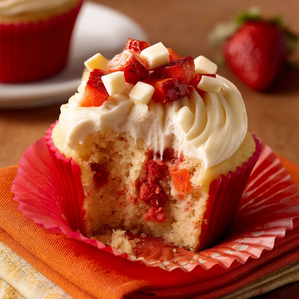 Strawberry Surprise Cupcakes cross-section showing the red strawberry filling and creamy frosting.