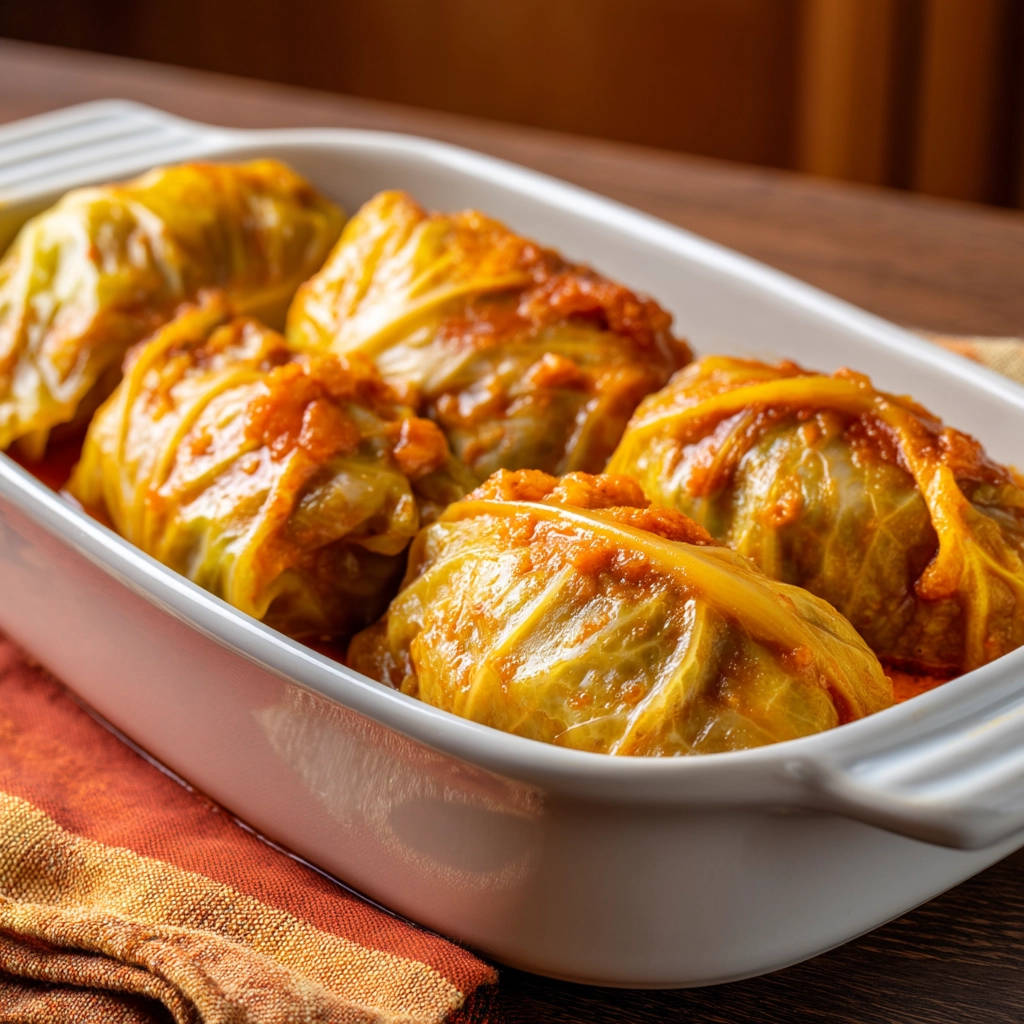 Easy stuffed cabbage rolls in a white casserole dish, a close-up side view showing the baked dish with tomato sauce.