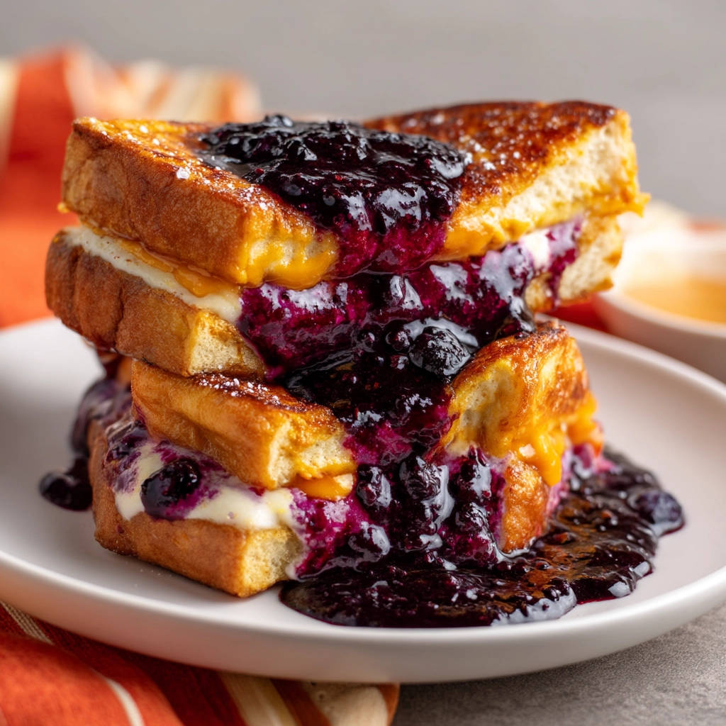Stuffed grilled cheese with blueberry sauce, shown as a stacked cross-section with gooey cheese and rich berry topping.