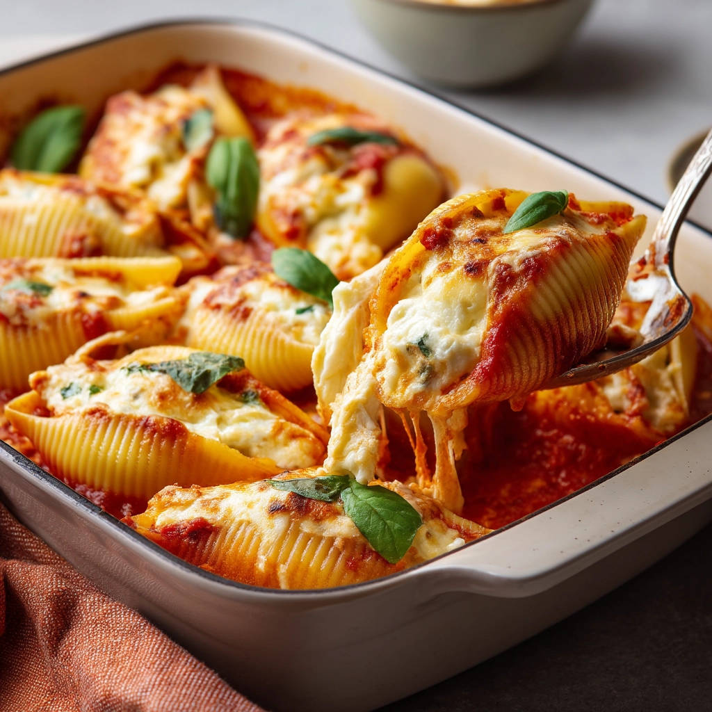 Stuffed pasta shells with a cheesy, gooey pull, served piping hot in a baking dish.