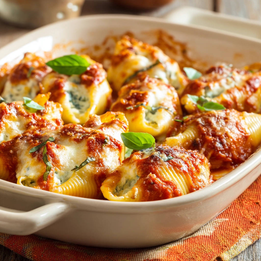 Stuffed Shells Supreme with a close-up view of the cheesy, saucy topping and fresh basil garnish.