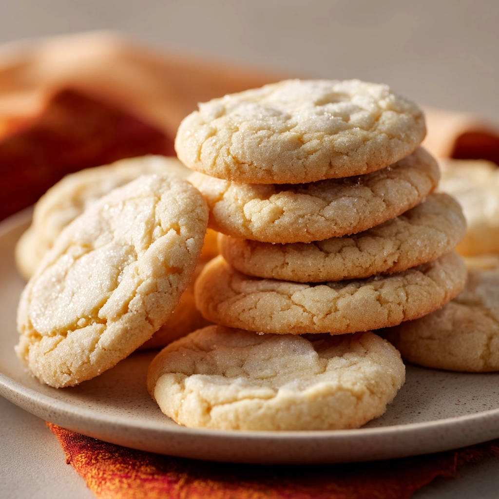 Perfect sugar cookies, fluffy delight guaranteed, stacked high on a textured plate with a warm, blurred background.