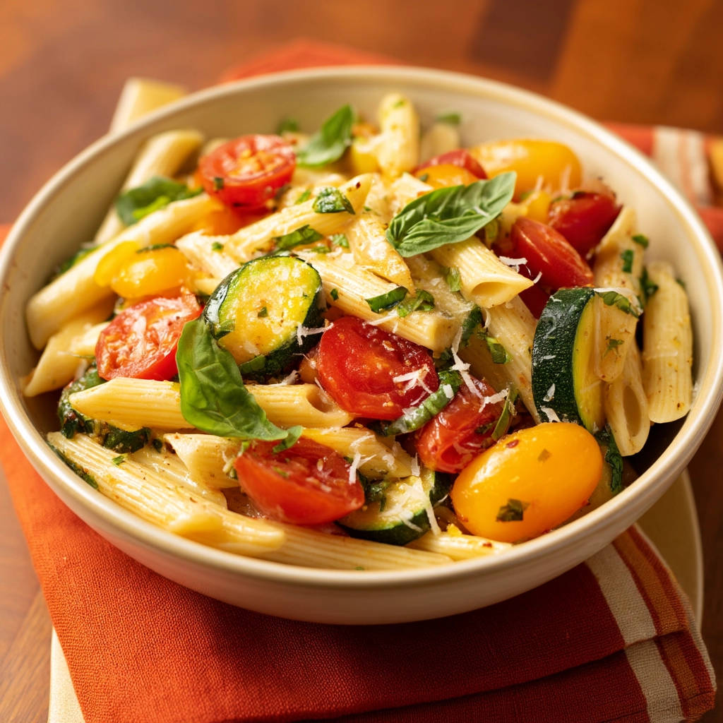 Quick Summer Penne in a bowl, featuring tender penne pasta with cherry tomatoes and zucchini slices, garnished with fresh basil and Parmesan.