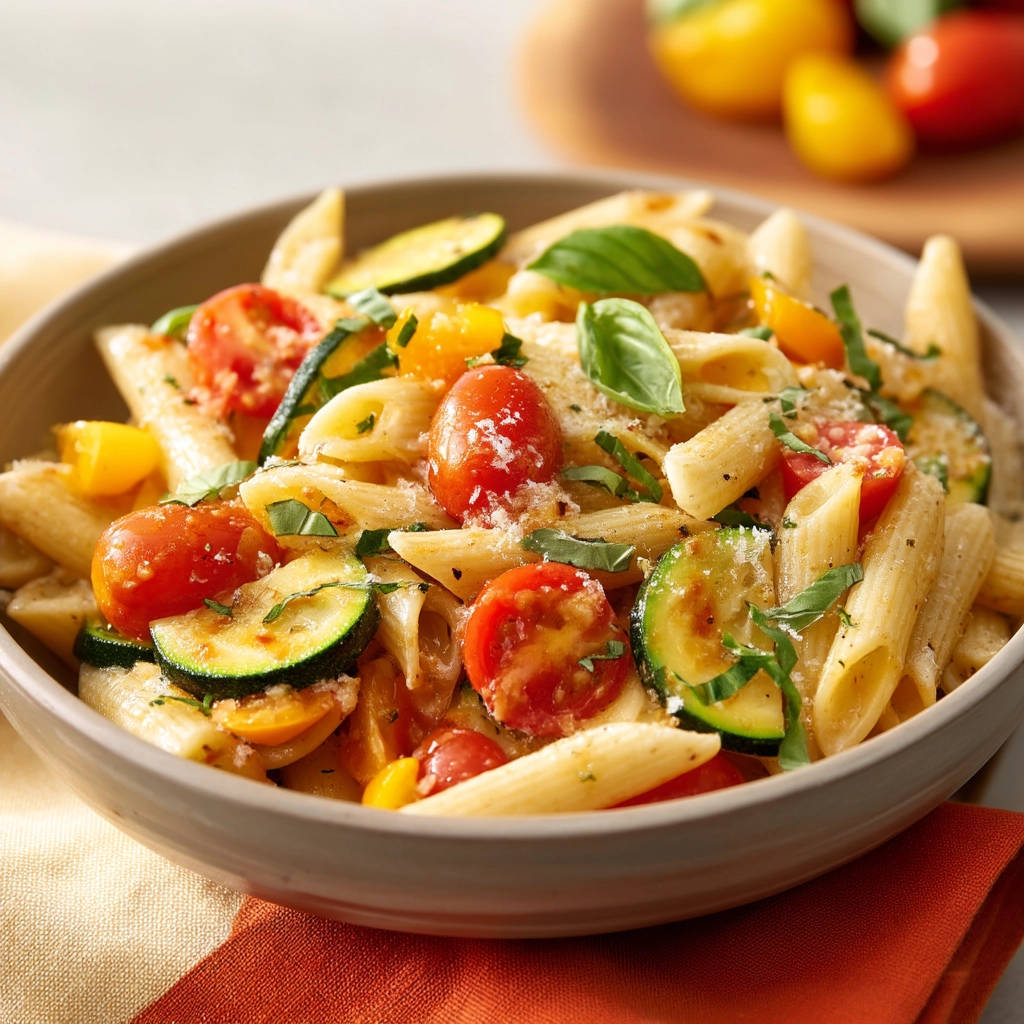 Quick Summer Penne served in a bowl, featuring penne pasta with cherry tomatoes, zucchini, and fresh basil.