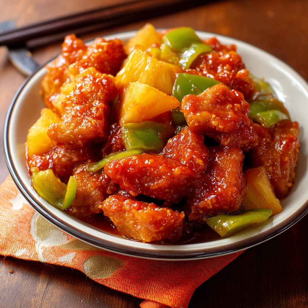 Crispy sweet and sour chicken in a bowl with pineapple chunks and green peppers, a close-up view.