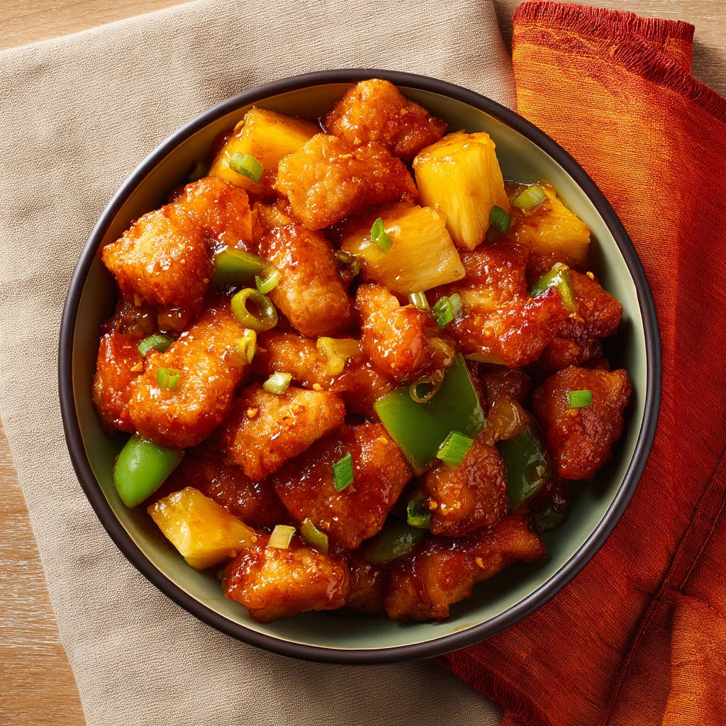 Crispy sweet and sour chicken served in a green bowl with pineapple chunks and green peppers, viewed from above.