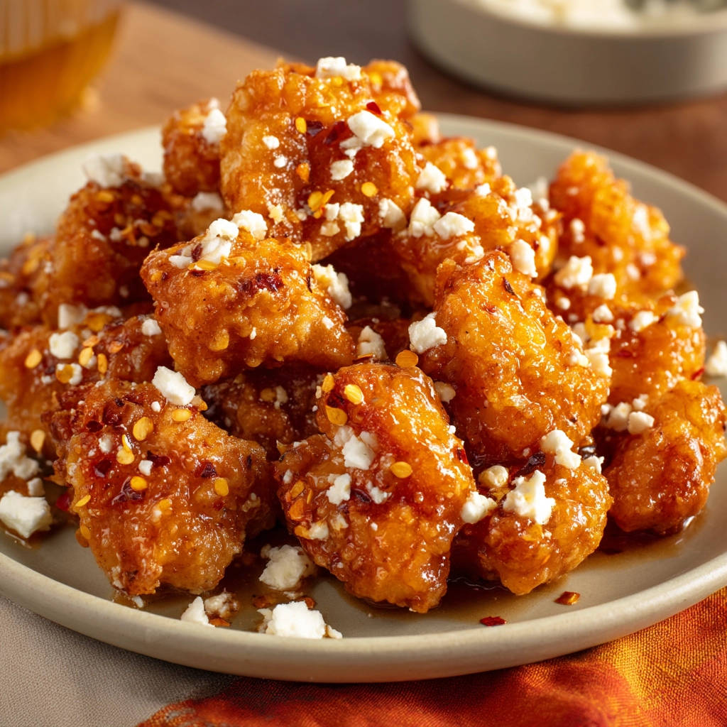 Crispy sweet chili bites are topped with crumbled cheese and chili flakes in this close-up detail shot.