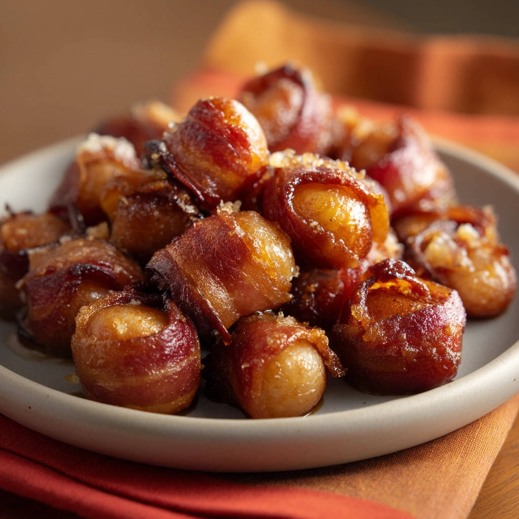 Sweet & Savory Bacon Bites served on a grey plate, with a close-up view showing their glazed texture.