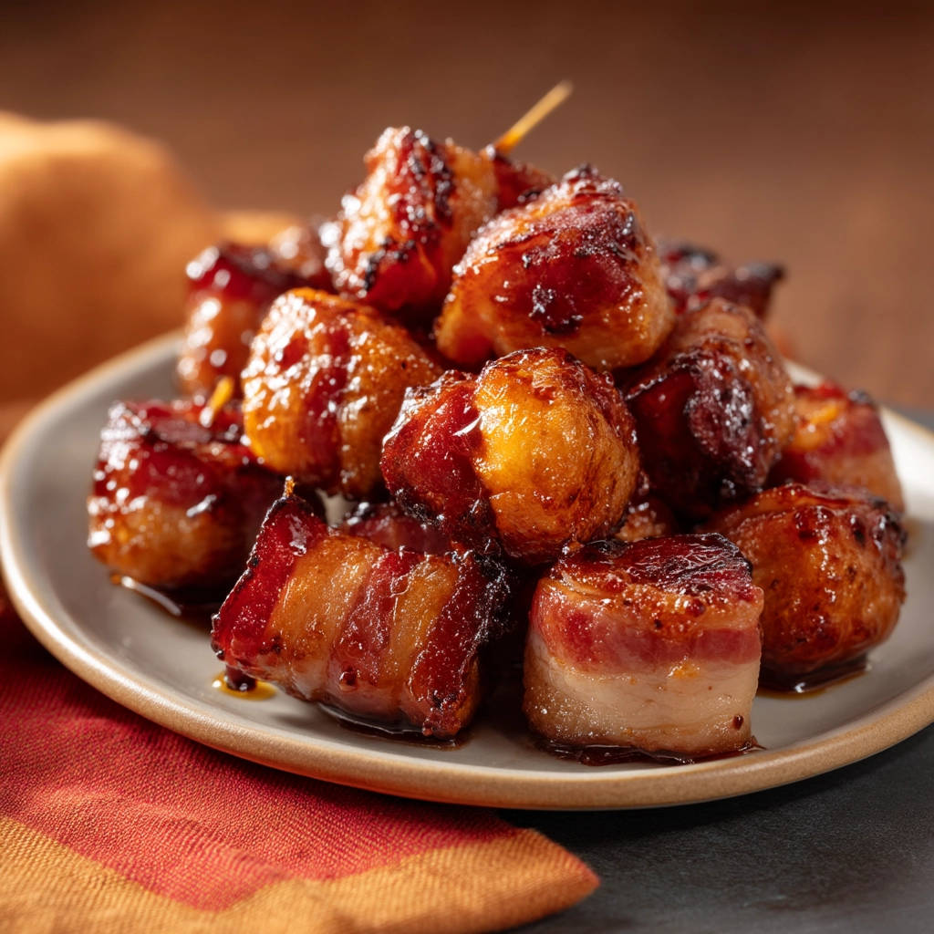 Sweet &amp; Savory Bacon Bites piled high on a plate, showcasing their glossy glaze and crispy bacon texture.