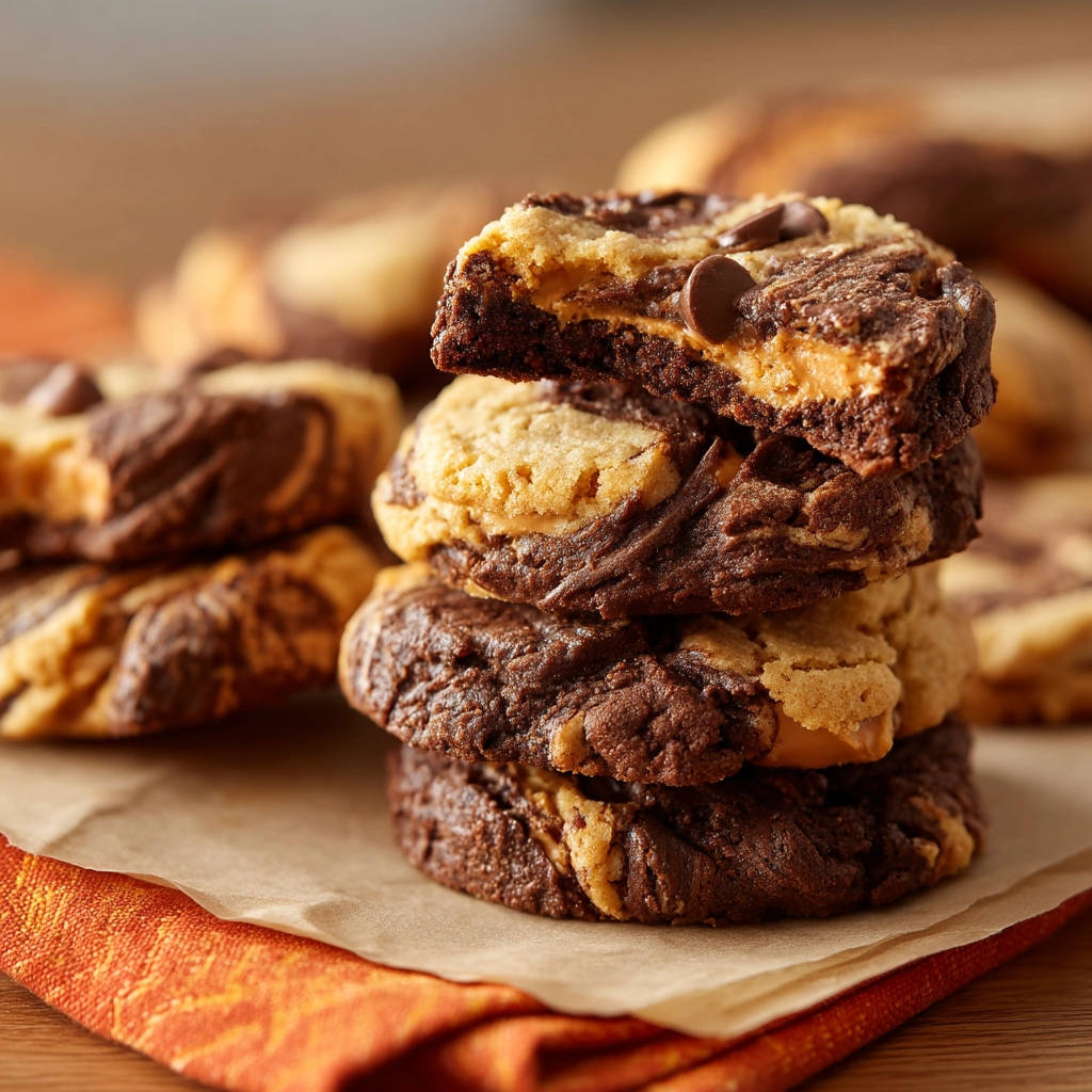 Swirled chocolate peanut butter cookies showing a close-up cross-section revealing the rich peanut butter filling and chocolate swirls.