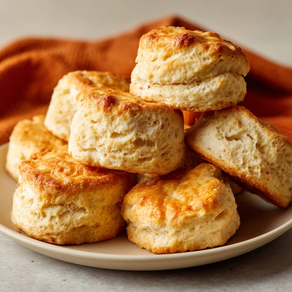 Tall &amp; Tender Biscuits stacked high on a plate, showcasing their golden-brown tops and flaky layers.