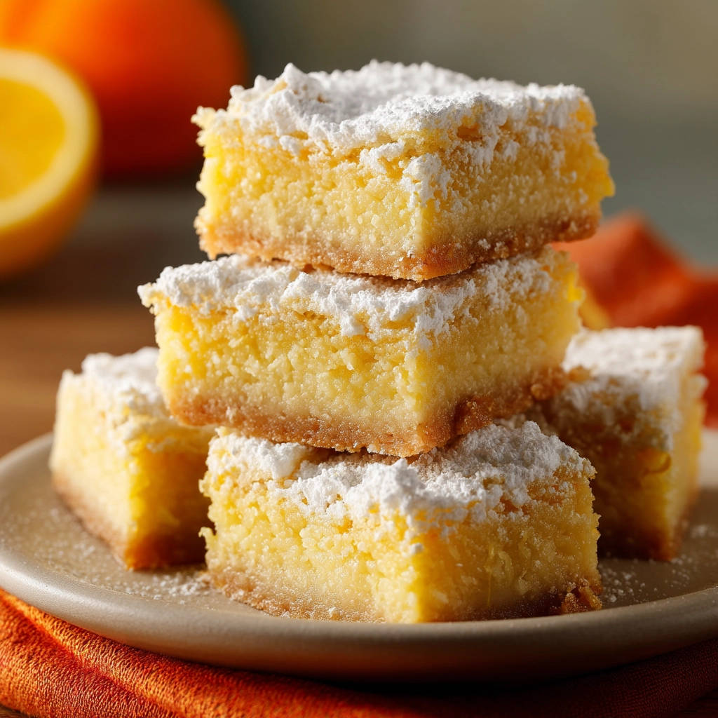 Tart lemon bars stacked high on a plate, dusted with powdered sugar, showcasing their bright yellow filling and shortbread crust.