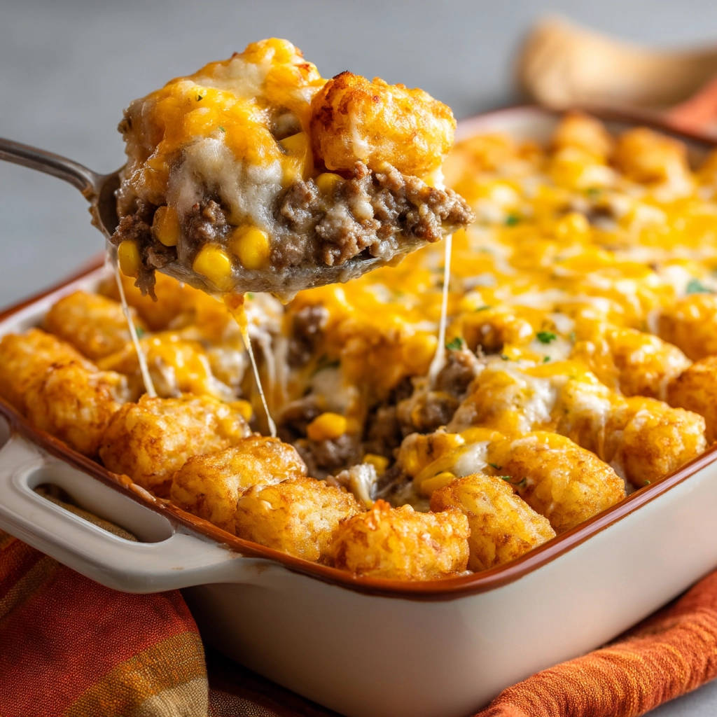 Ultimate Tater Tot Casserole being lifted with a spoon, showing melted cheese and layers of beef and corn.