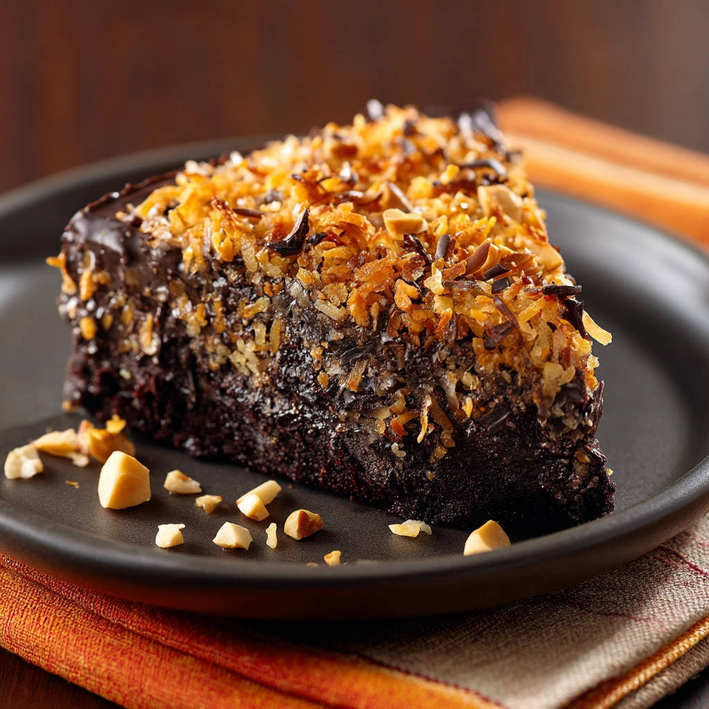 Toasted coconut chocolate cake slice with a close-up view of the rich chocolate cake and coconut topping.