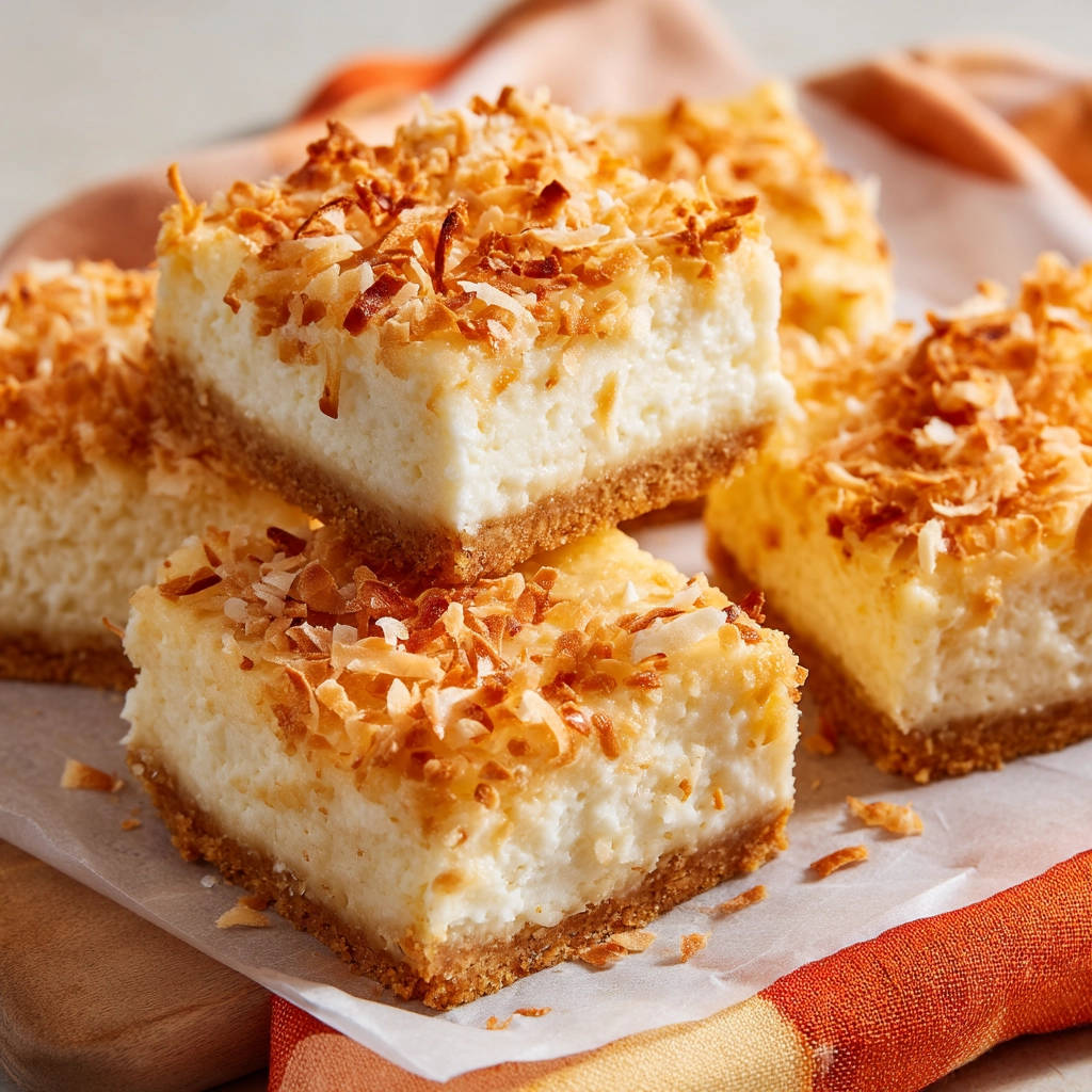 Toasted Coconut Dream Bars, a close-up of stacked bars showcasing their creamy filling and toasted coconut topping.