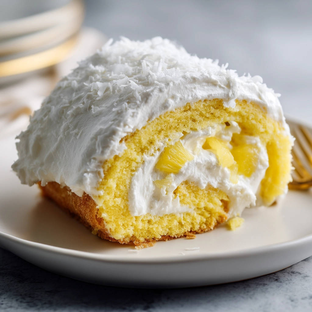 Tropical pineapple coconut cake roll shown in a close-up cross-section revealing fluffy cake, cream filling, and pineapple chunks.