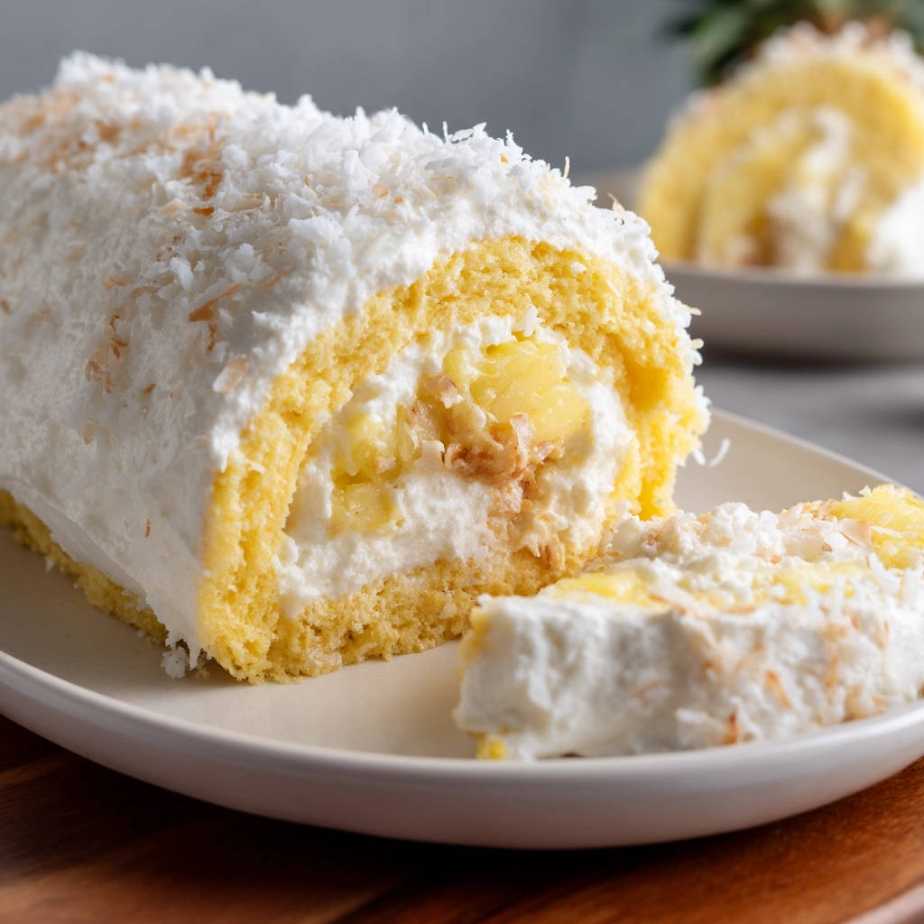 Tropical Pineapple Coconut Cake Roll shown in a close-up cross-section, revealing the creamy filling and pineapple chunks.